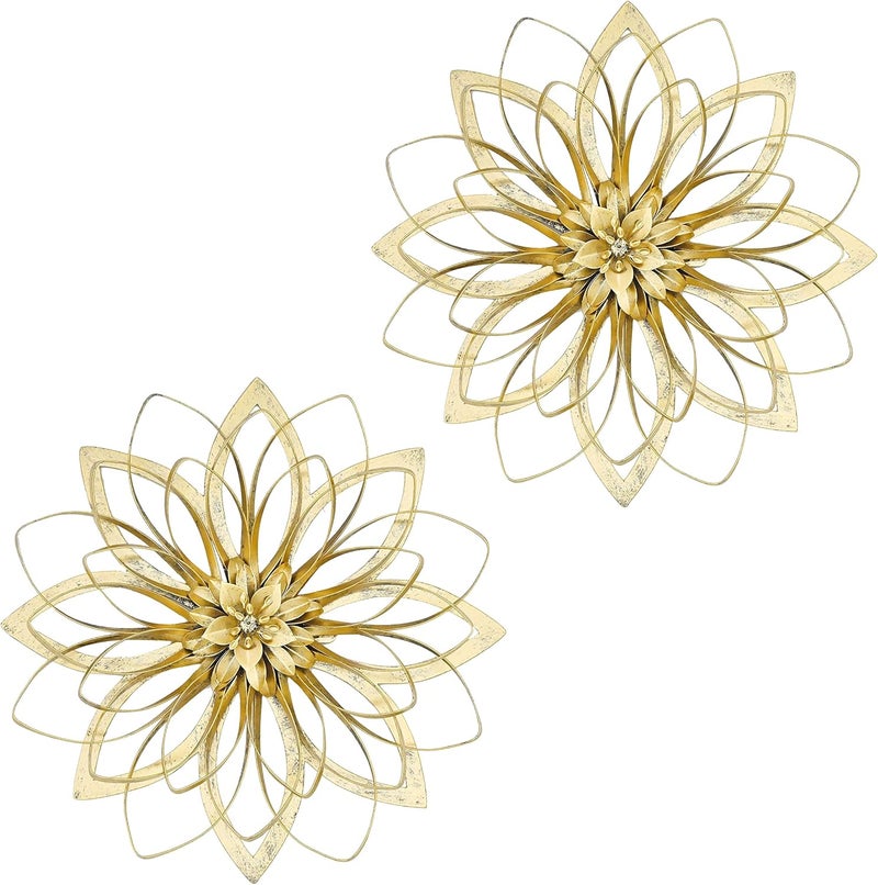 Remenna Metal Flowers Wall Decor, Metal Rustic Wall Art Decoration Farmhouse Wall Decorations Multiple Floral Hanging Decor for Bathroom Living Room Home Office Garden Kitchen (Rustic Gold - 2) - Image 1